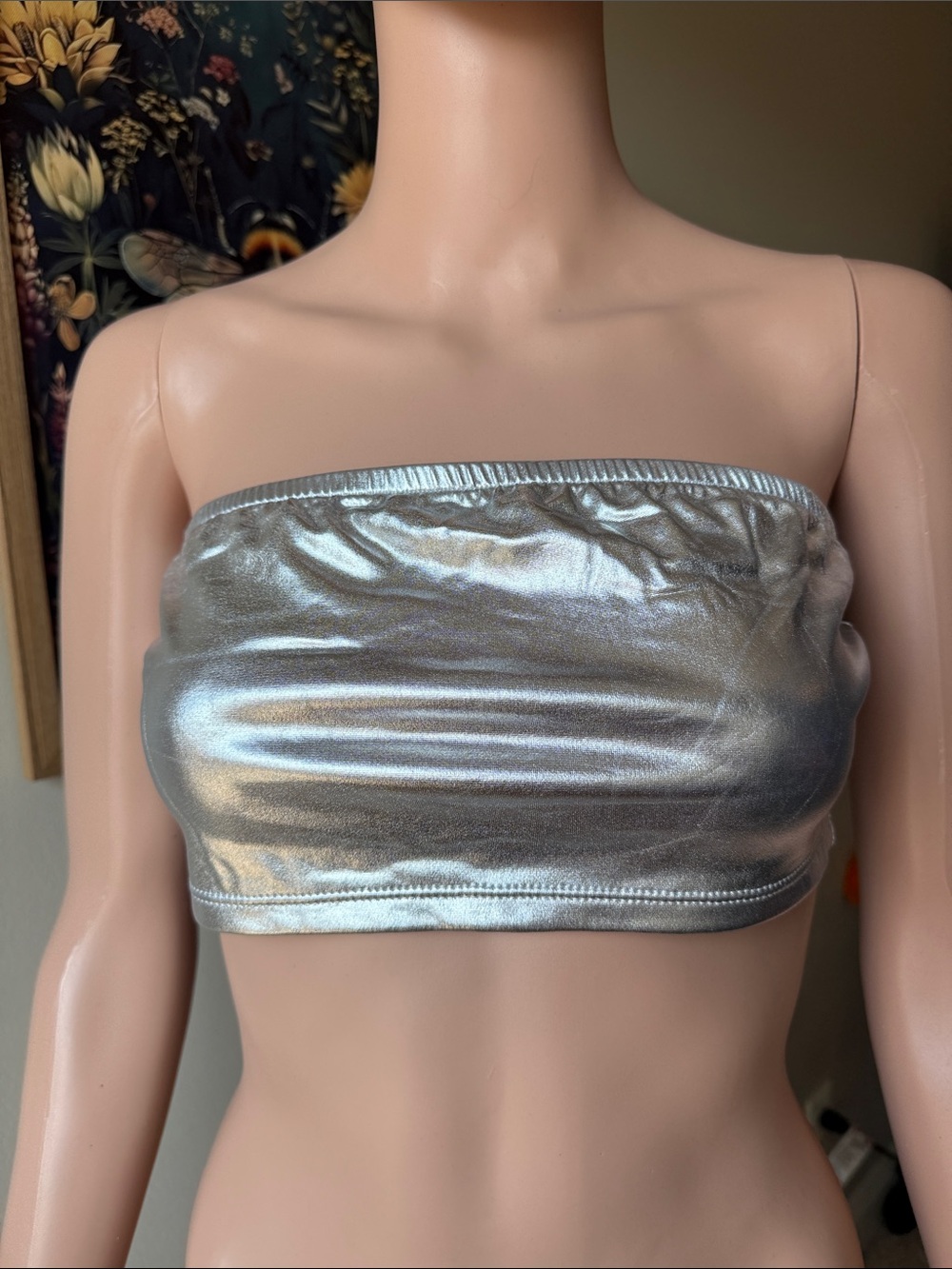 SHEIN Silver Metallic Strapless Bandeau Crop Top